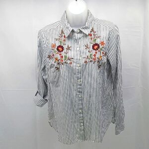 Laura Scott Button Down Striped Shirt with Embroidery and Roll Tab Sleeves Med.